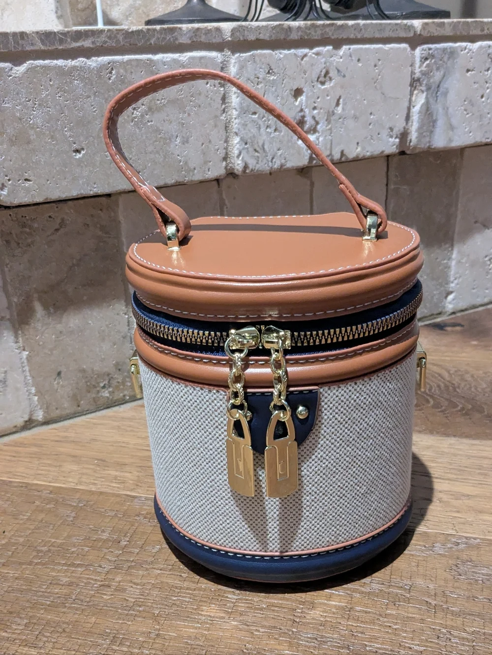 Navy & Tan Trimmed Canvas Barrel Bag with Fossil Navy Wallet - Picture 2 of 10